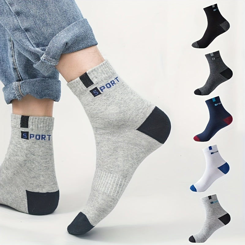 Men's athletic socks with stylish lettering, high elasticity, and moisture-wicking polyester blend. Suitable for running and outdoor sports in black, gray, white, blue, and navy options.