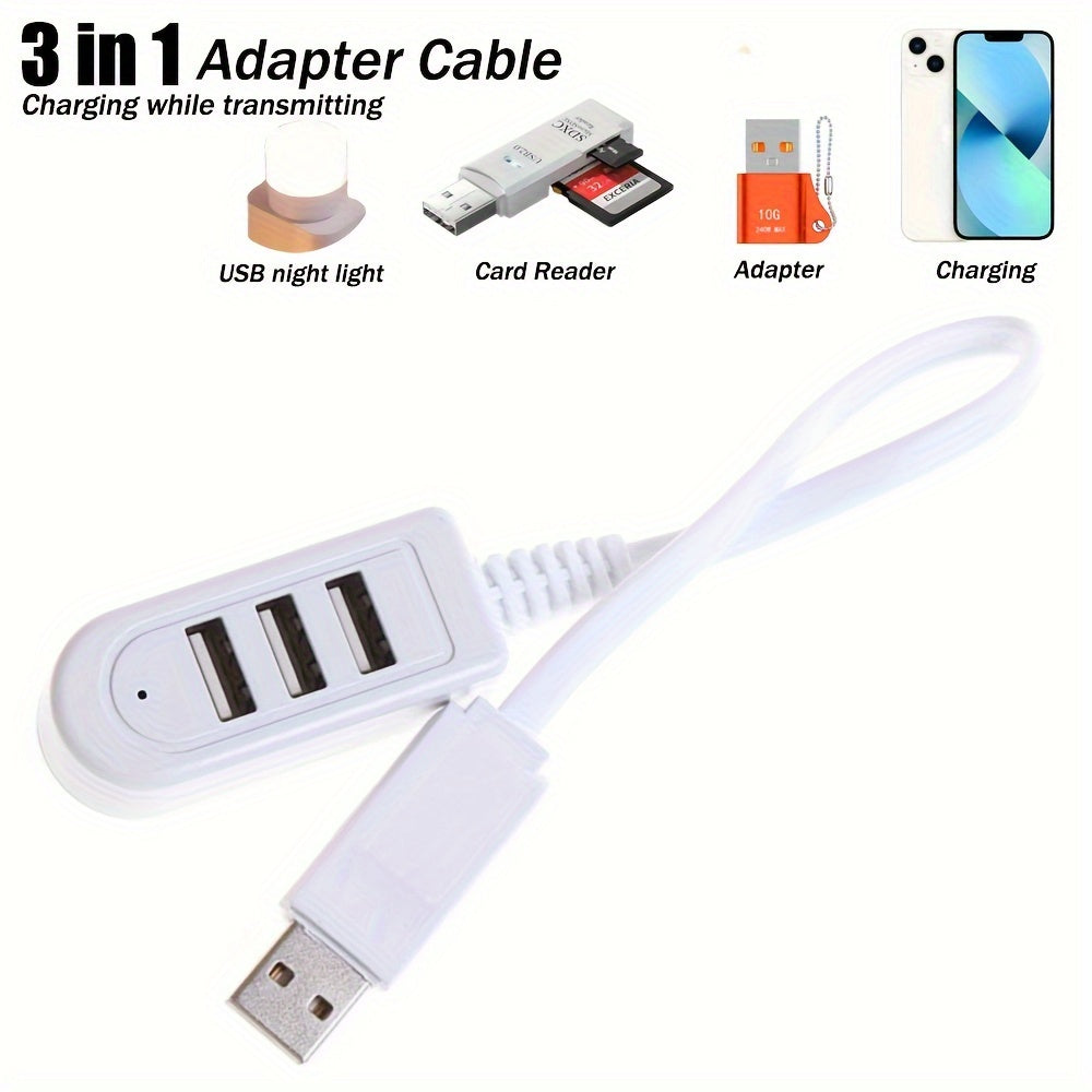 3-in-1 USB Multi-Port Adapter Cable with various functions including USB charging with data transfer, night light, card reader, fan, and other USB devices. Male to female polarity