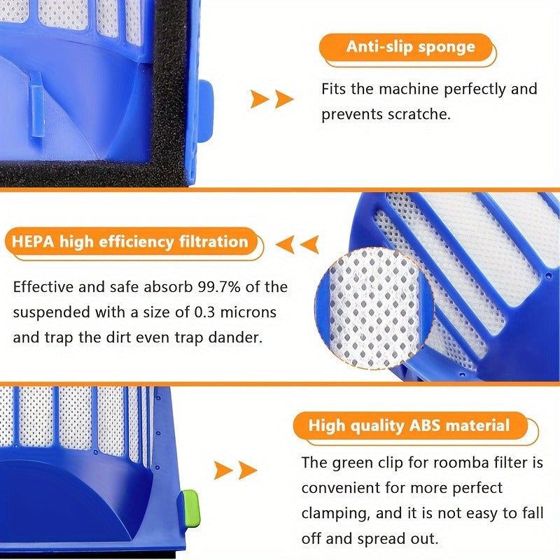 Five pieces of high-efficiency HEPA filters designed for iRobot 500/600 Series. Featuring an anti-slip sponge design and a durable ABS floor attachment for robotic vacuum cleaners.