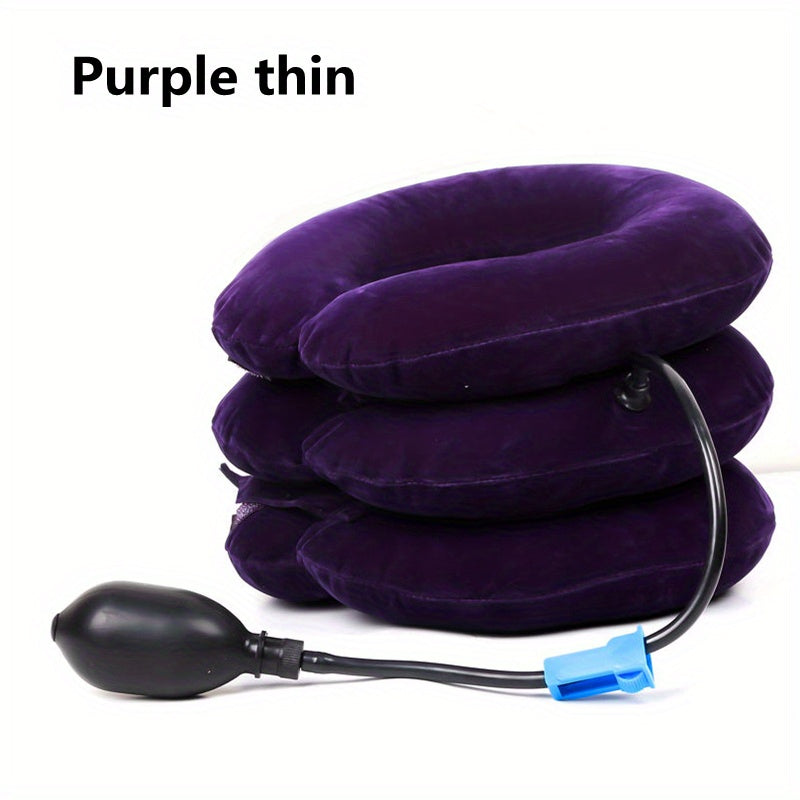 Thick/thin inflatable neck pillow for travel and relaxation with stretch and traction capabilities.