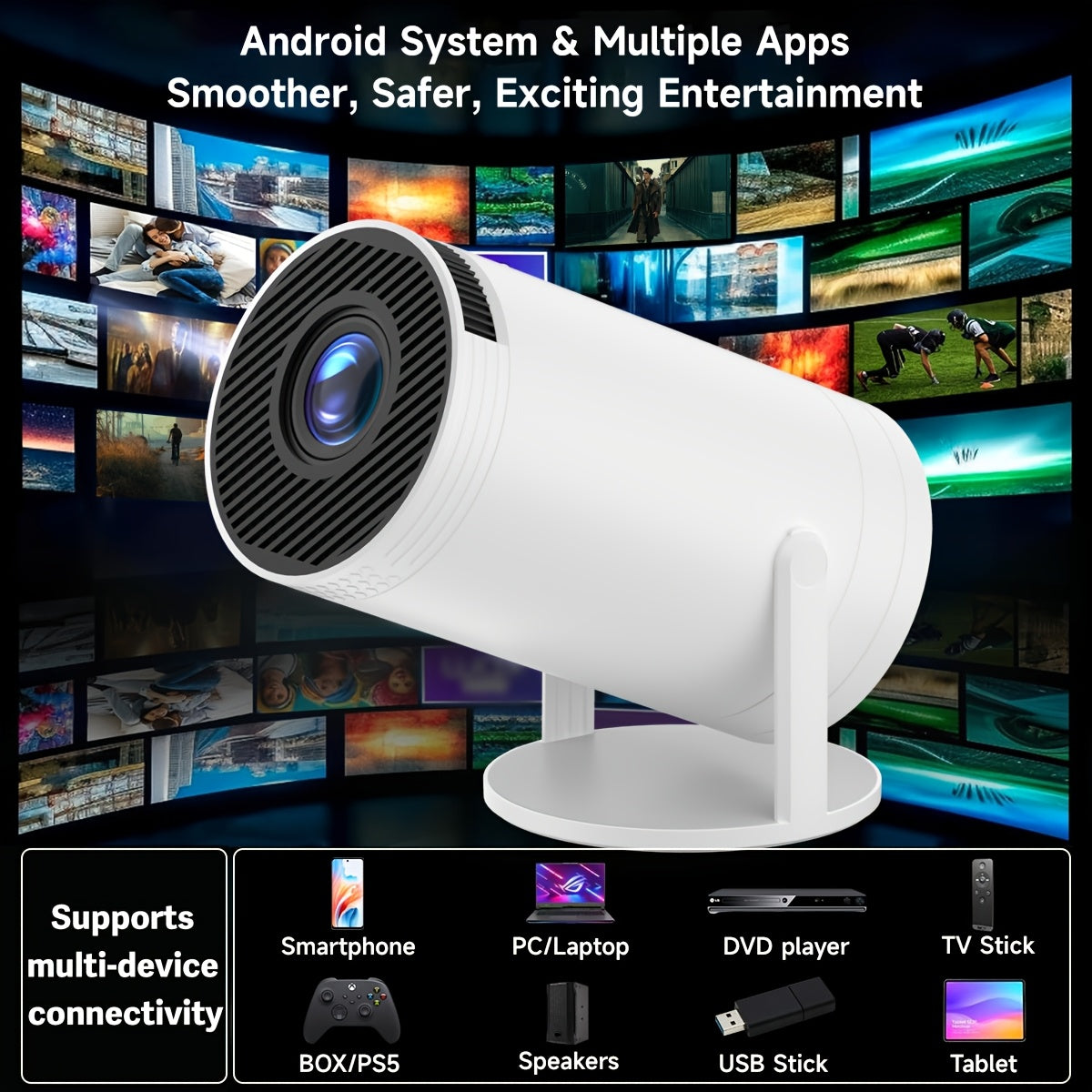 XYA Mini smart projector with WiFi6, Wireless 5.2, 180 Degree Rotation, Supports 1080P video decoding, Automatic Correction, Remote control. Ideal for Phone/Laptop/HDTV.