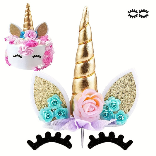 Unicorn cake topper set includes 3 pieces with eyelashes and golden horn, perfect for decorating birthday cakes.