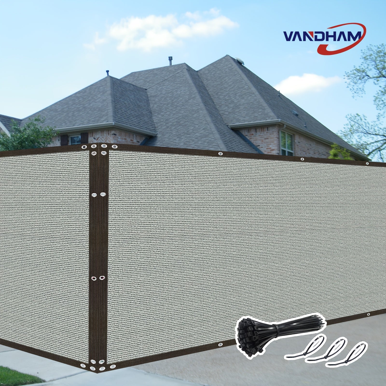 Outdoor privacy screen for fence, balcony and yard, with zip ties. Gray color, 6'x15' dimensions, 150GSM.