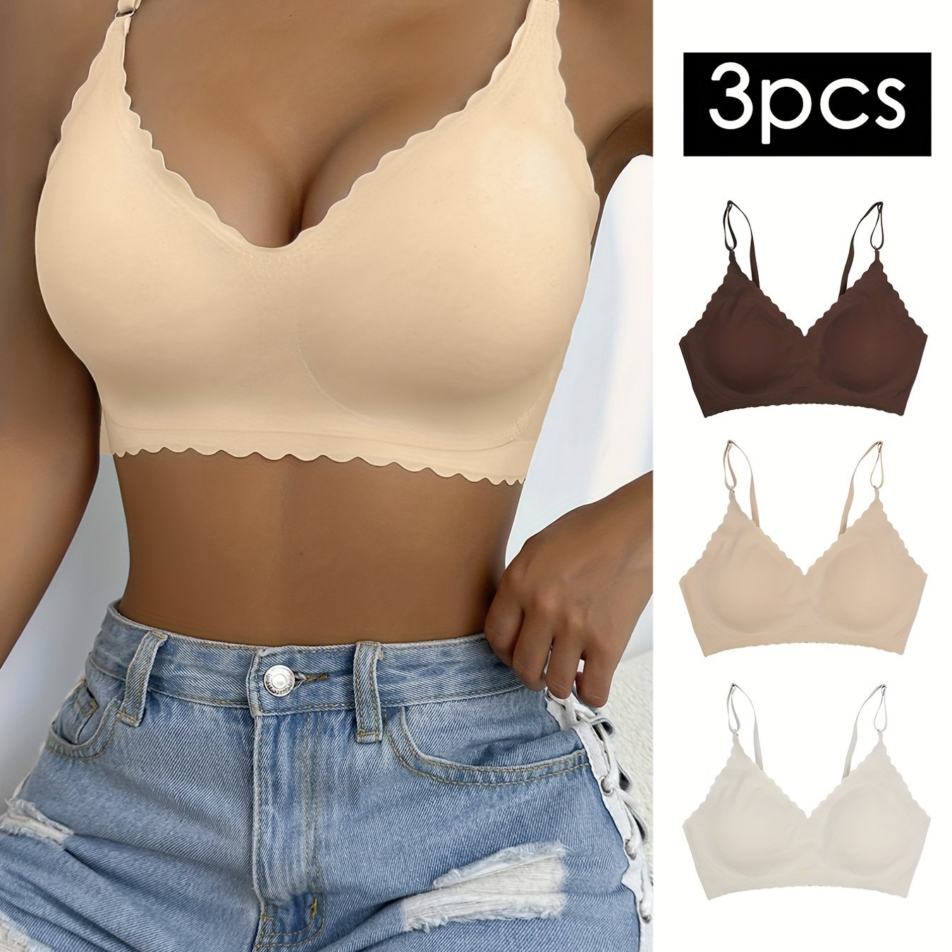 Set of 3 seamless wireless bralettes, comfortable and breathable, ideal for women's lingerie and underwear