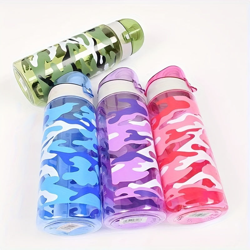 Camouflage sports water bottle, 600ml capacity, ideal for camping, hiking, fitness, and outdoor activities. Suitable as a birthday gift for travel enthusiasts.