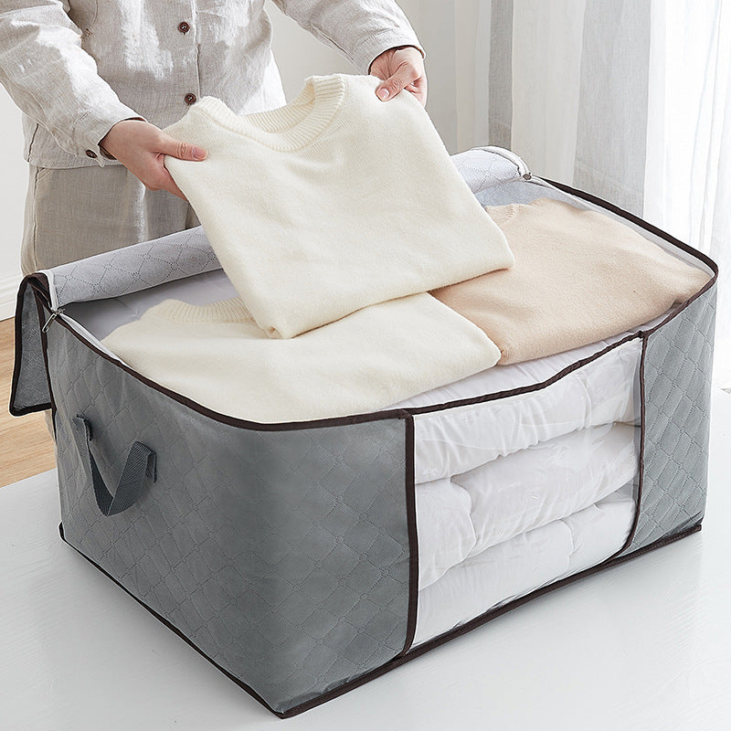 Large capacity storage bag for quilts, household clothes, and RV use. Foldable and non-woven material.