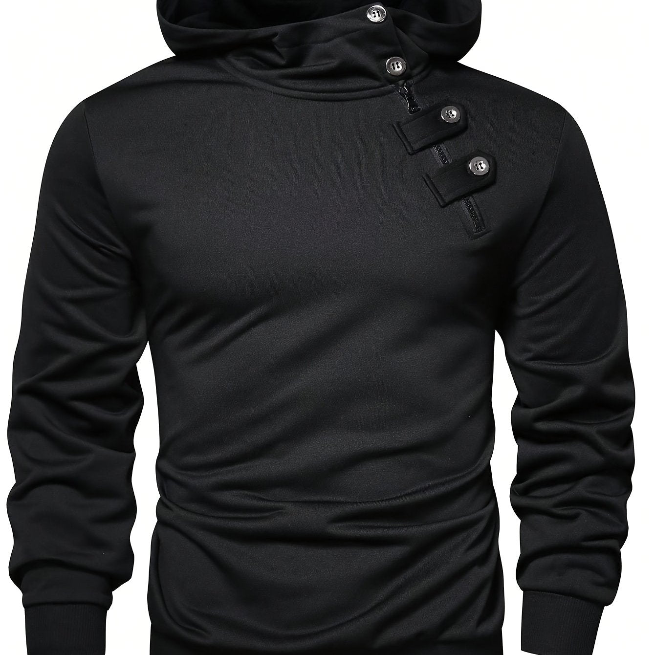 Men's casual polyester hoodie with button detail, solid color knit fabric sweatshirt with slight stretch, regular fit hooded pullover for spring/fall.