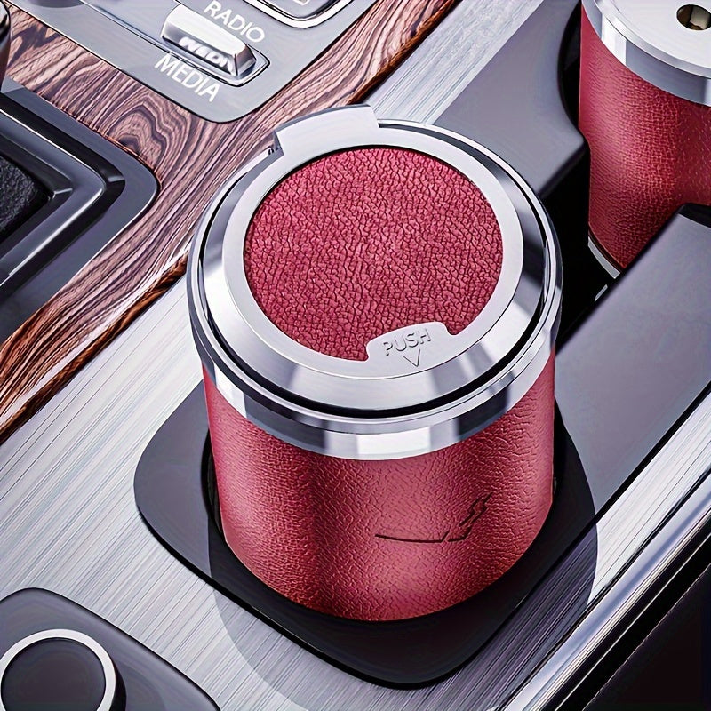 Car Ashtray with PU leather, anti-flying ash design, LED automatic lighting, replaceable battery, premium feel. Ideal for preventing ash from falling and organizing car interior