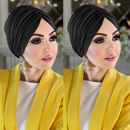 2 Women's Solid Color Pleated Hijab Caps in White & Black - Lightweight, Stretchy Polyester Under Scarf Hats for Ramadan and Casual Attire