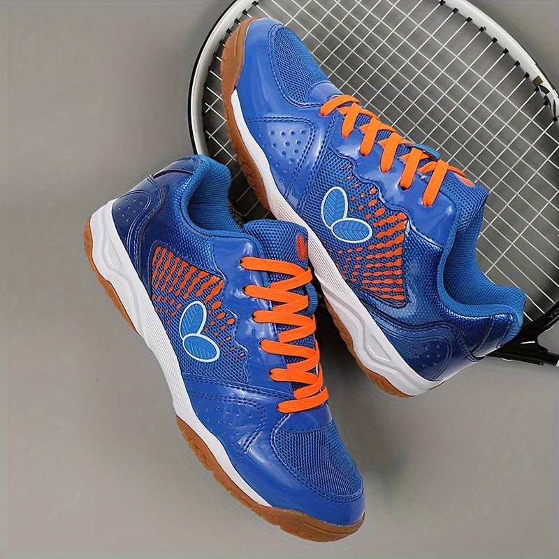 Breathable badminton and table tennis shoes in blue with orange accents, featuring a durable sole and lace-up design for all-season athletic wear.