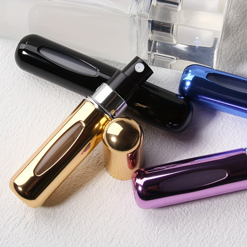 A set of 5 travel-sized refillable perfume atomizers, each holding 5ml. Conveniently carried in purse, backpack, or luggage. Features bottom filling and dispensing box. Ideal for cosmetics.