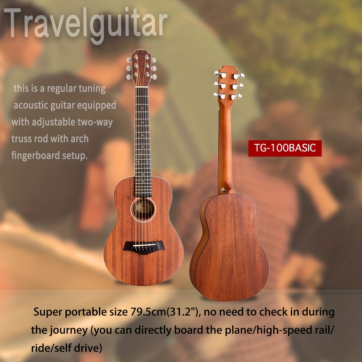 RP TG100 Compact 76.2cm Acoustic Travel Guitar - Ideal for Family Gatherings & Beginners, Rosewood Neck, Sapele Back & Sides, Bone Nut