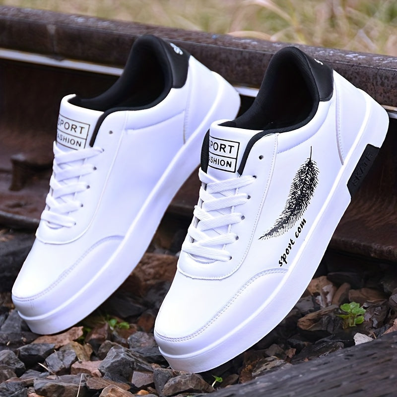 Men's sleek white sneakers with feather design for casual wear, walking, jogging, and travel. Non-slip lace-up low tops with PU upper and PVC sole. Sporty and versatile for outdoor