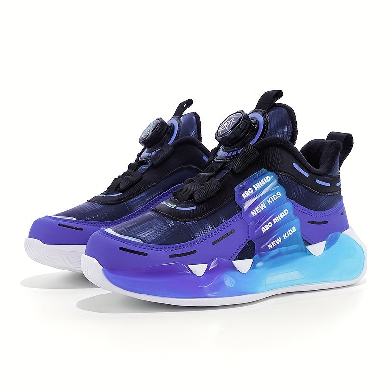 Trendy high top basketball shoes for boys with rotating buckle, non-slip, shock-absorbing soles for outdoor activities.