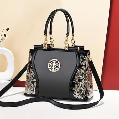 Elegant sequined flower pattern tote bag, classic handbag, trendy shoulder bag for Carnaval parties and music festivals.