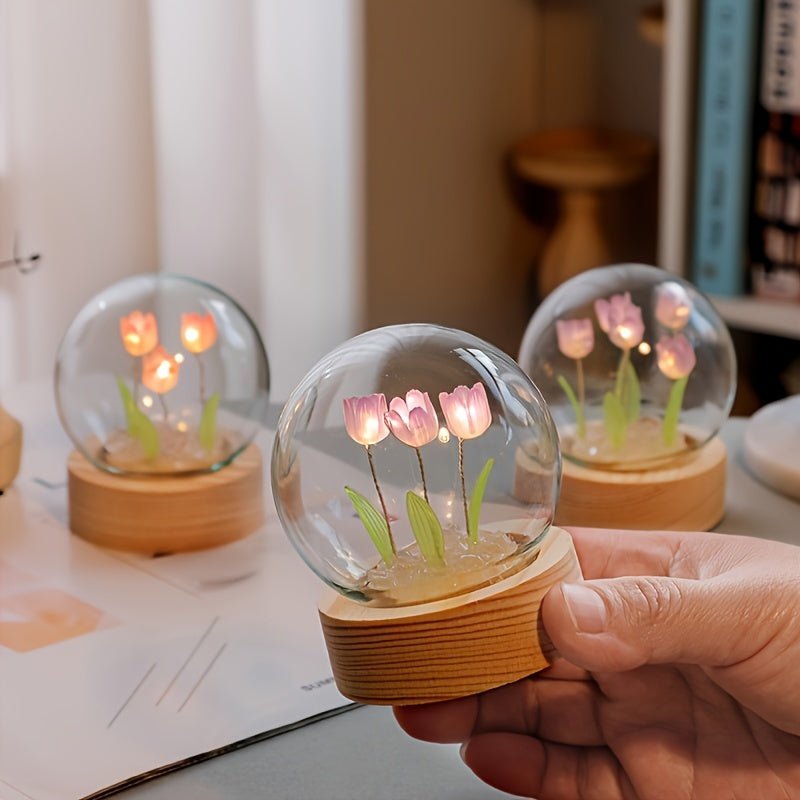 Modern handmade glass tulip night light with switch control. Perfect gift for Mother's Day or birthday. Battery-powered (battery not included).