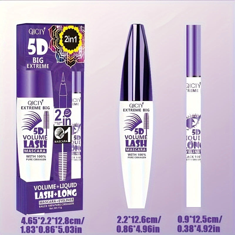 Waterproof 5D Volumizing Mascara & Eyeliner Set with Silicone Brush - Long-lasting makeup for all skin types, quick dry.