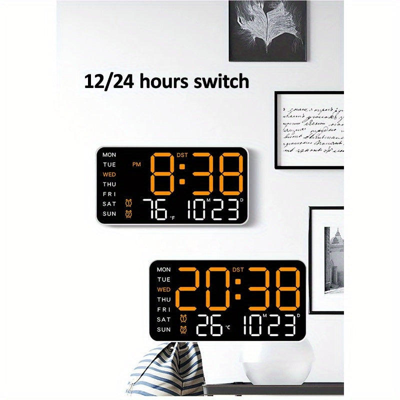 Voice controlled LED wall clock with dual alarms, USB powered, temperature display, adjustable brightness, and sleek black design for home and office.