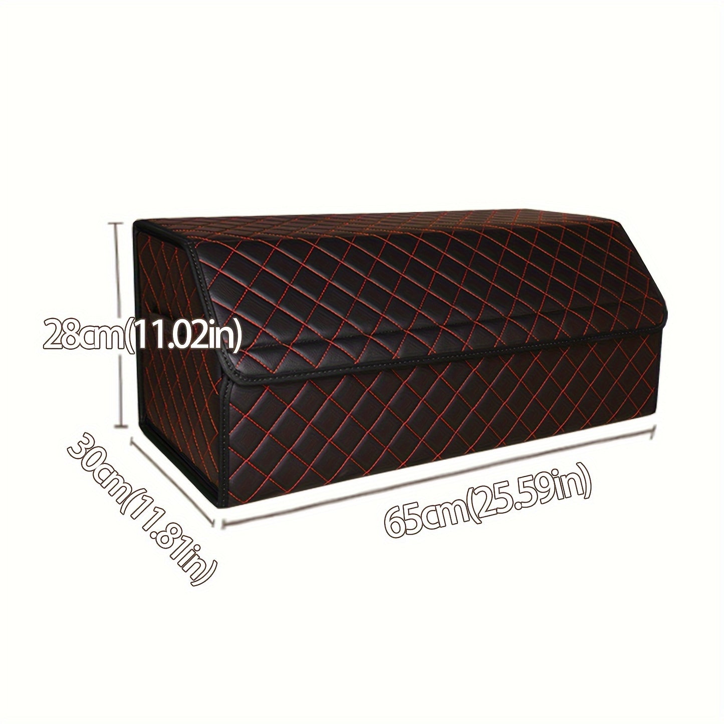 Car trunk organizer made of premium PU leather with diamond stitching and red accents, collapsible and multi-compartment storage box for cars, trucks, and SUVs.