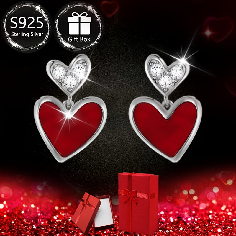 1 pair of Stunning Asymmetrical Heart Earrings, crafted with S925 Sterling Silver and Sparkling Synthetic Zirconia, Ideal for Every day wear and gifting, Ideal for Valentine's Day, Timeless Jewelry for Women