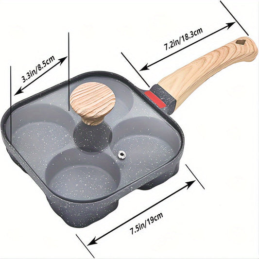 Set of aluminum sauté pans with non-stick coating, includes lid and handles, safe for dishwasher, perfect for cooking fried eggs and pancakes in multiple sections.