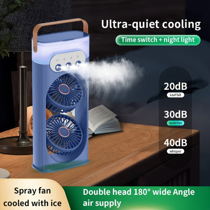 This portable table fan features dual USB-powered fans and a built-in humidifying misting feature. Made of durable painted plastic, it provides indoor and outdoor cooling with its ultra-quiet operation and convenient button control. The fan comes with a