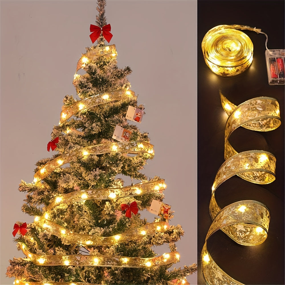 Choose from 2m/78.74" to 10m/393.7" lengths of battery-powered LED fairy lights with golden Christmas ribbons and bowknots for tree, home, and party decor, ideal for Halloween, Christmas, and weddings.