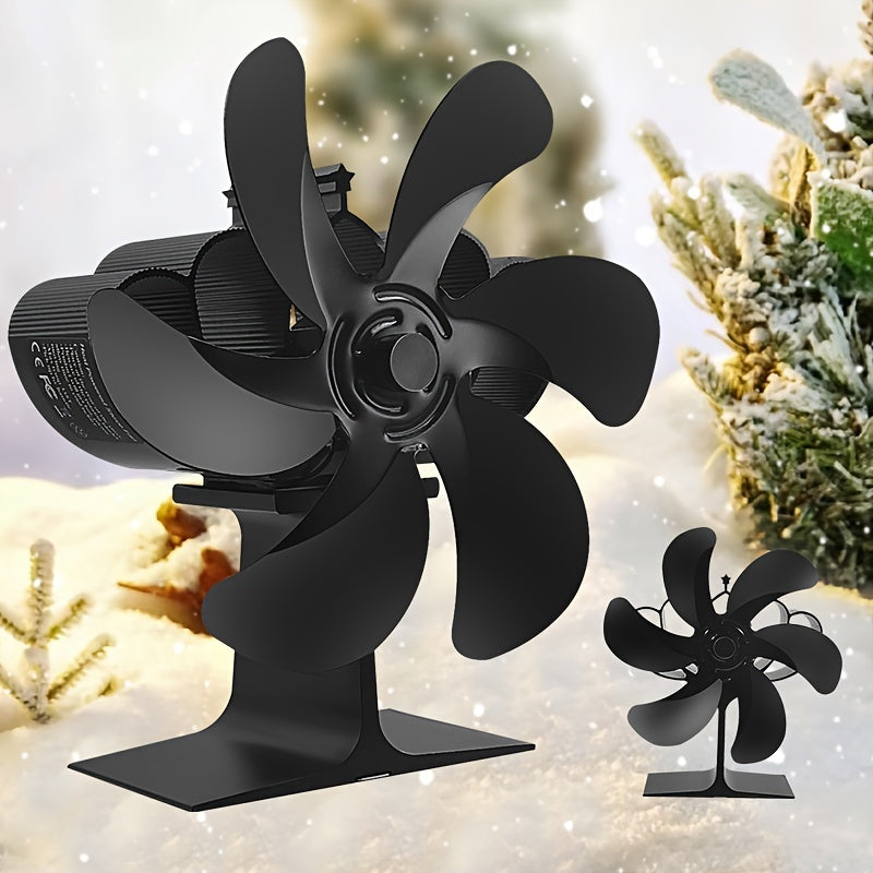 One piece 6-blade stove fan designed to efficiently distribute heat for wood, log, and pellet stoves and fireplaces. This portable thermoelectric fan serves as an air circulator and heat-powered exhaust fan.