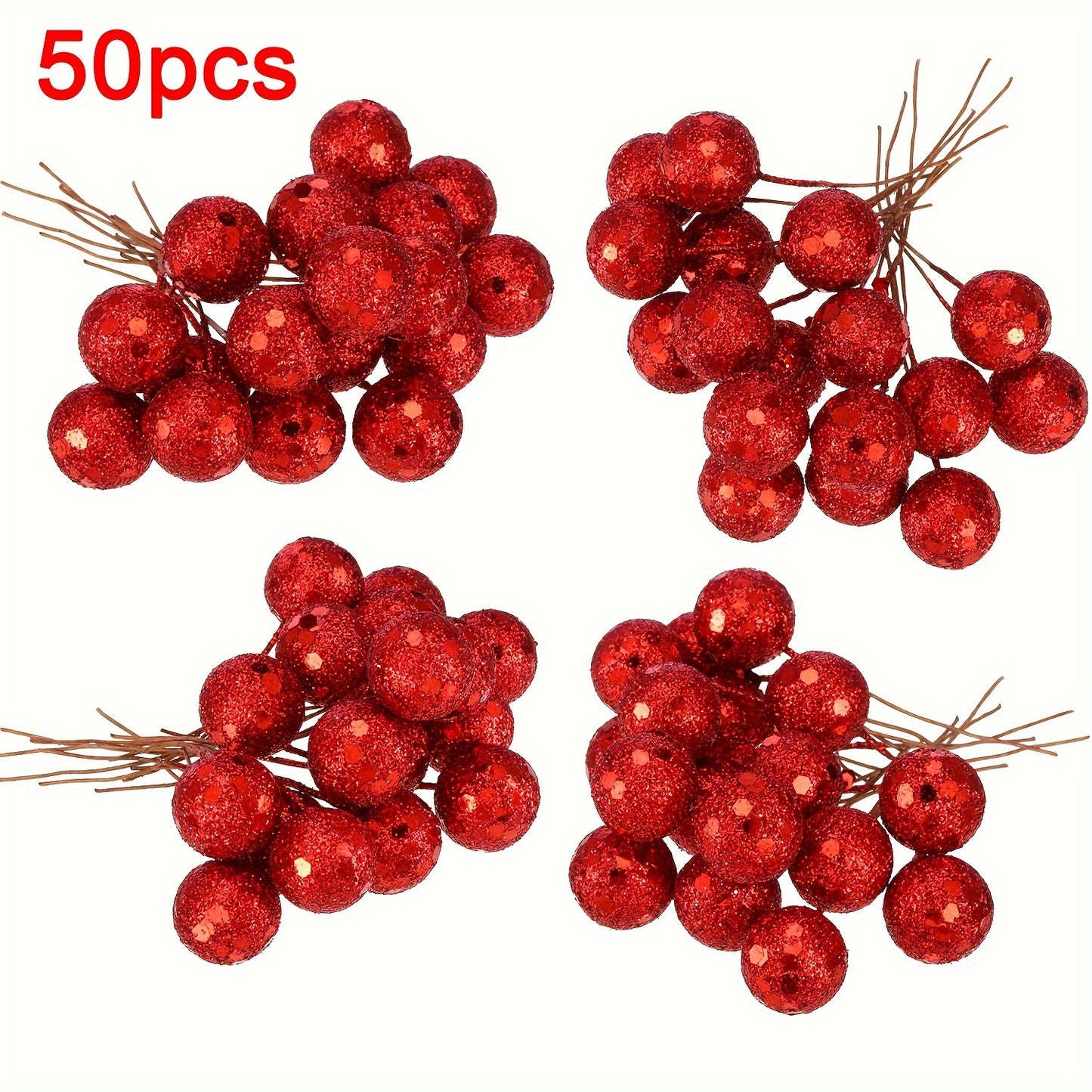 50 artificial holly berries on wire for Christmas decorations.