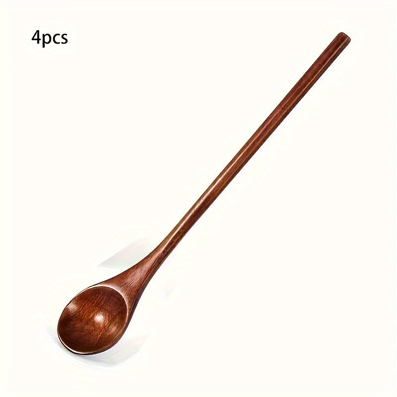 Creative long handle Japanese-style honey stirring spoon with twisted round handle, made from small wooden spoon.