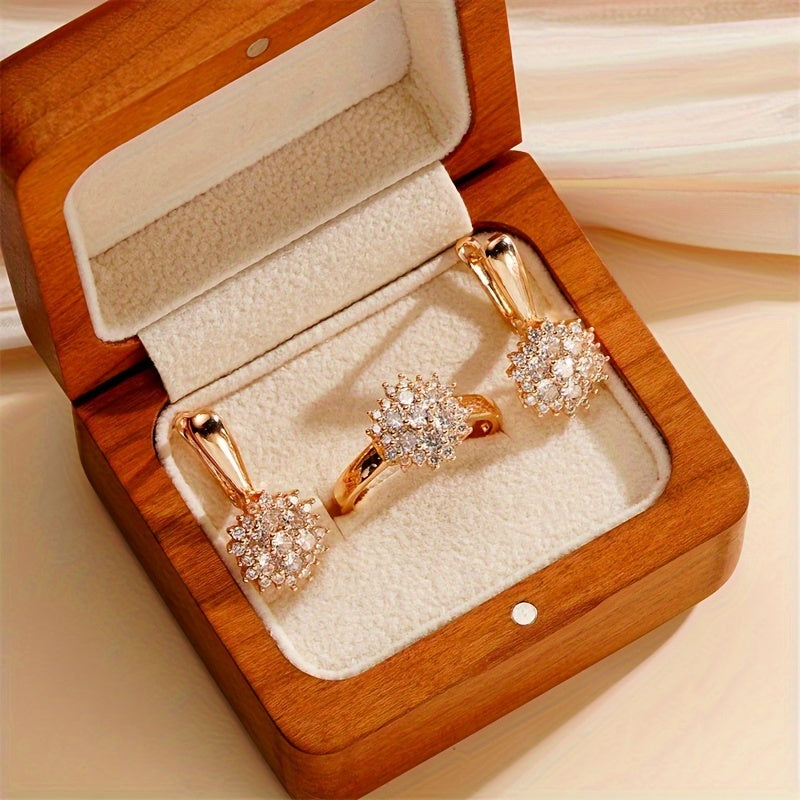 Stunning rose gold jewelry set featuring cubic zirconia - includes a ring and earrings. Ideal for everyday wear, special occasions, and weddings.