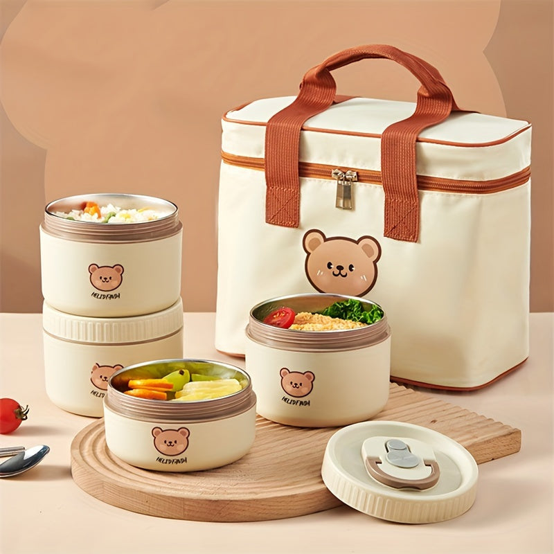 Stainless Steel Insulated Lunch Box with Microwave-Safe Soup Bowl, Portable Bento Box for Students & Office Workers, Cute Bear Design, Hand Wash Recommended, Round Shape, No Electricity Needed, Kitchen & Dining Storage Solution