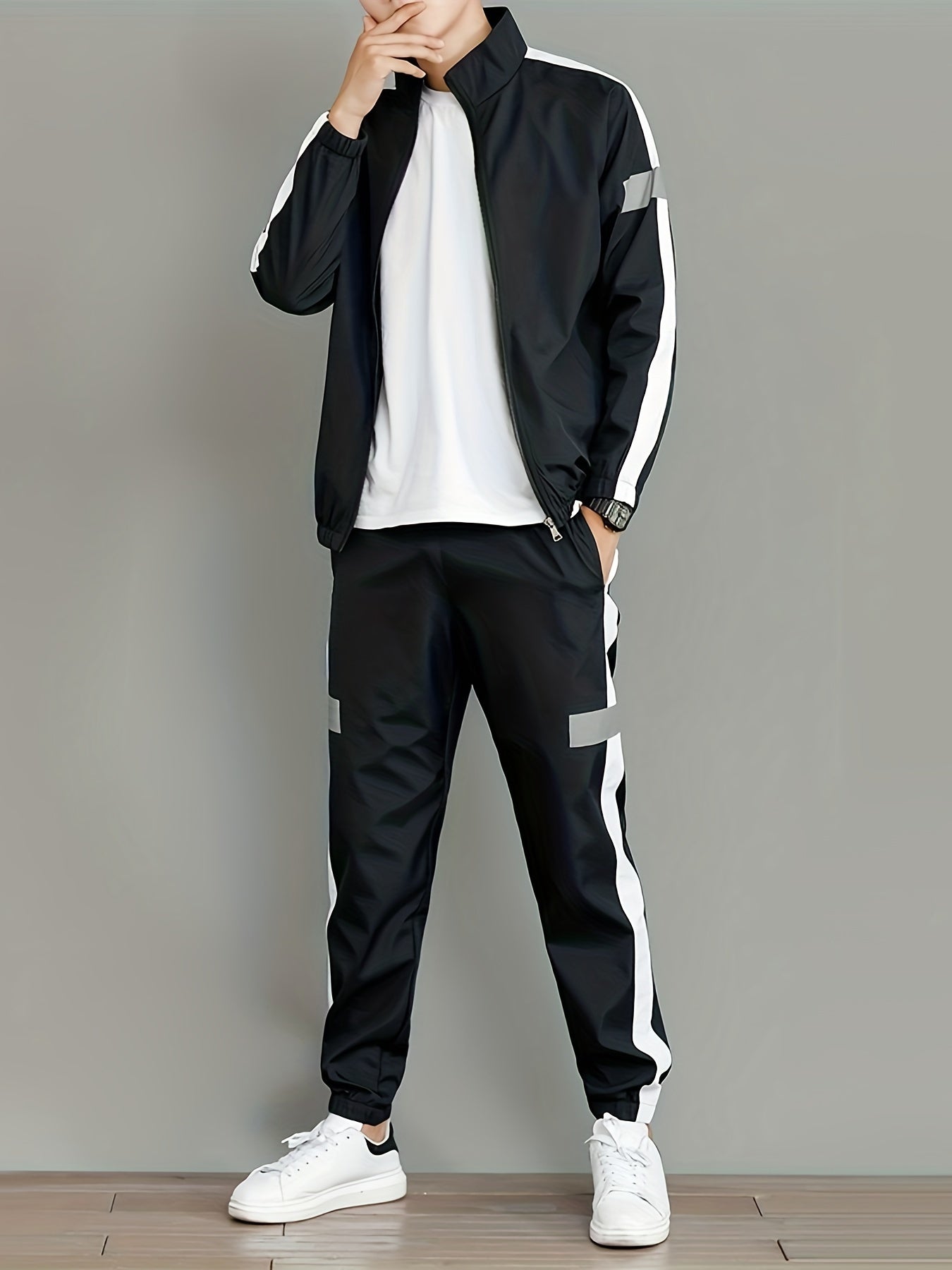 Men's spring and autumn sport suit with colorful collar, includes long sleeve top and pants.