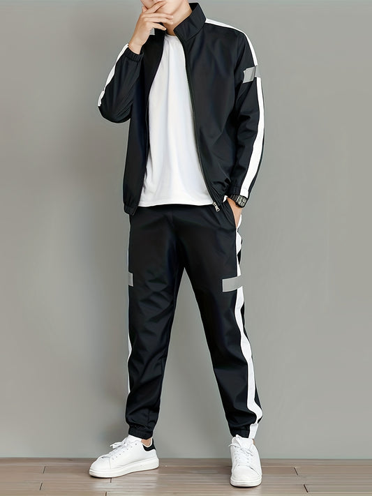 Men's spring and autumn sport suit with colorful collar, includes long sleeve top and pants.