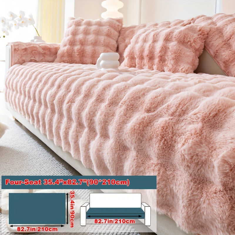 Imitation rabbit plush sofa cover for winter warmth, non-slip protection for furniture in home or office.