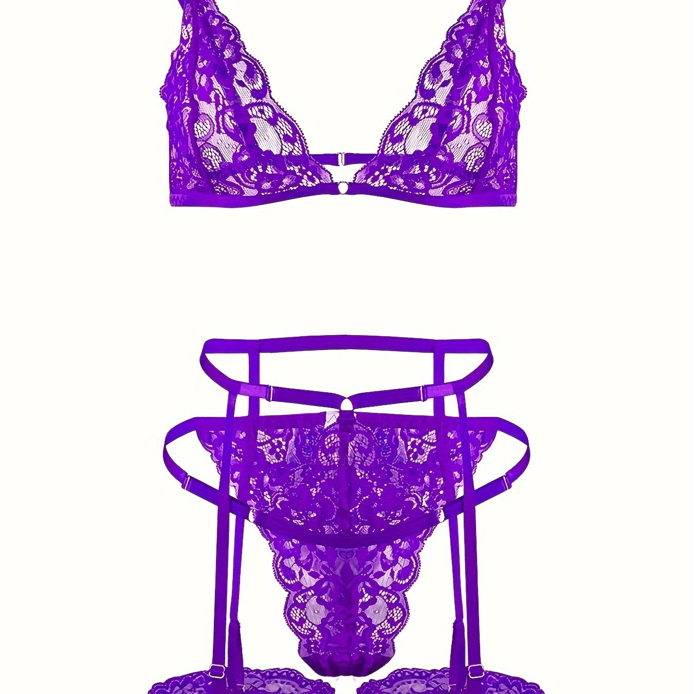 4-piece set of sexy lingerie with lace triangle cup bra, panties, suspender socks, and seduction ring in European and American styles.