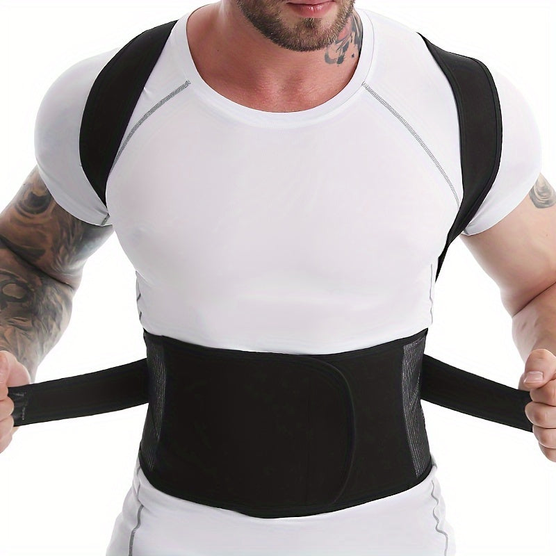 Adjustable men's vest with wide waist support and back brace made of neoprene, polyester, and nylon blend, in a sports style.