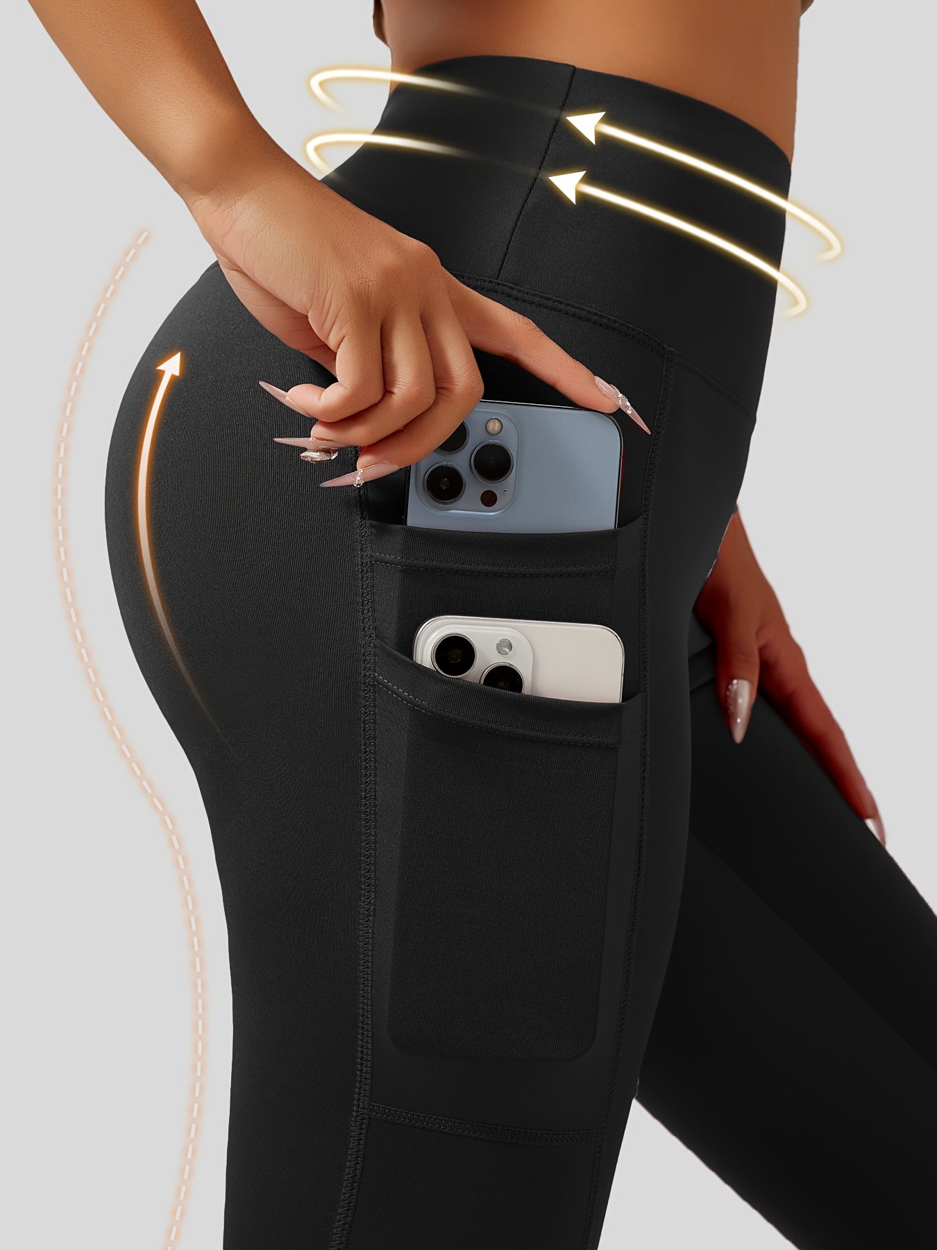 Stretchy mid-rise leggings with 4 pockets, butt-lifting seamless design, ideal for women's activewear.