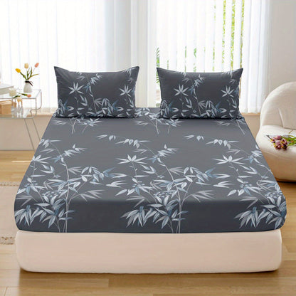 Set of 3 Plant Printed Fitted Sheets - Luxuriously Soft and Breathable Bedding for Bedroom and Guest Room, including 1 Fitted Sheet and 2 Pillowcases.