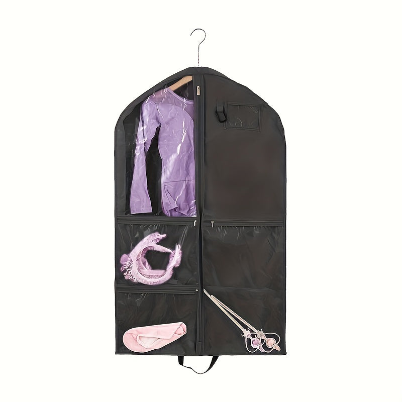 Durable costume dust cover bag with storage pouches, featuring a hanging design for suits and coats. Designed with a window and zipper for easy access, this household organization tool helps save space in the bedroom, bathroom, office, closet, wardrobe