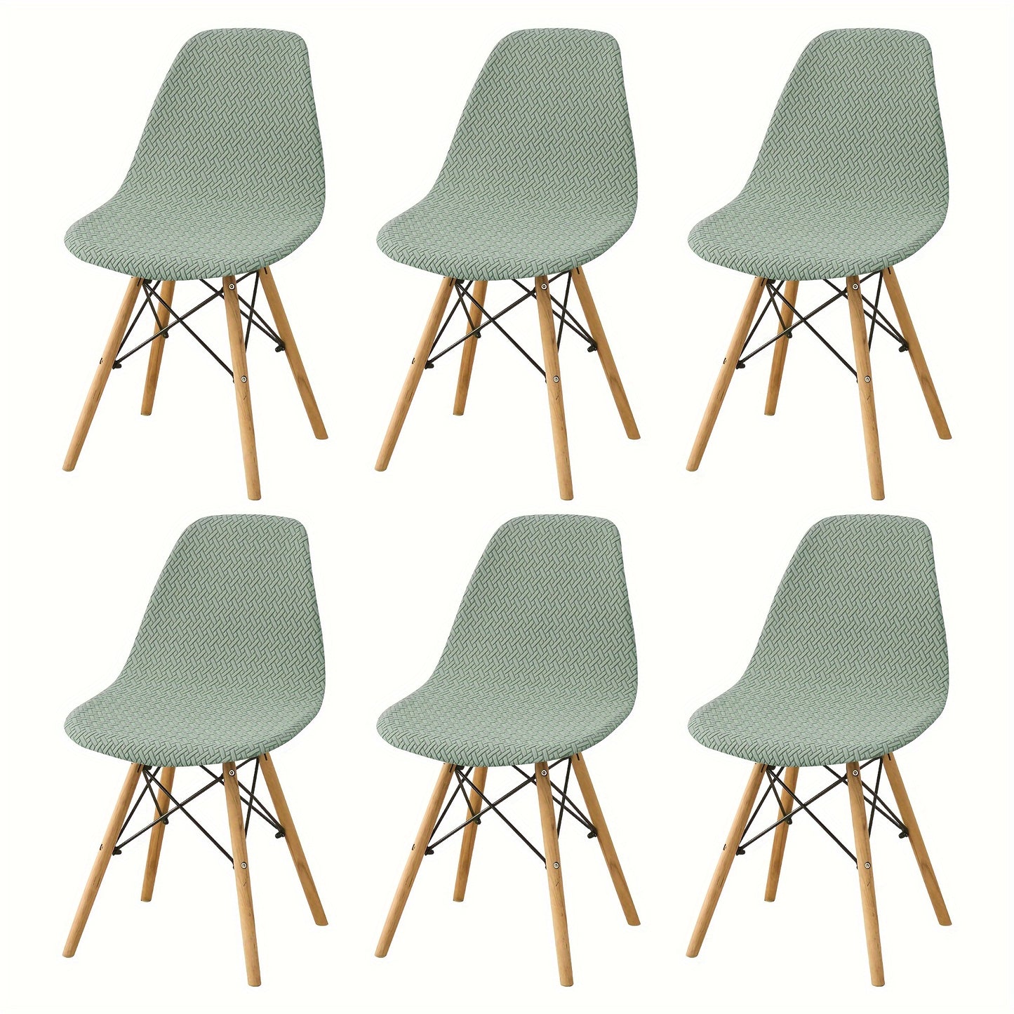 6 contemporary chair covers for dining chairs in a shell style, made from a stretchy polyester-spandex blend. Easy to clean in the washing machine with an elastic band closure and slipcover-grip design, perfect for home or hotel use.