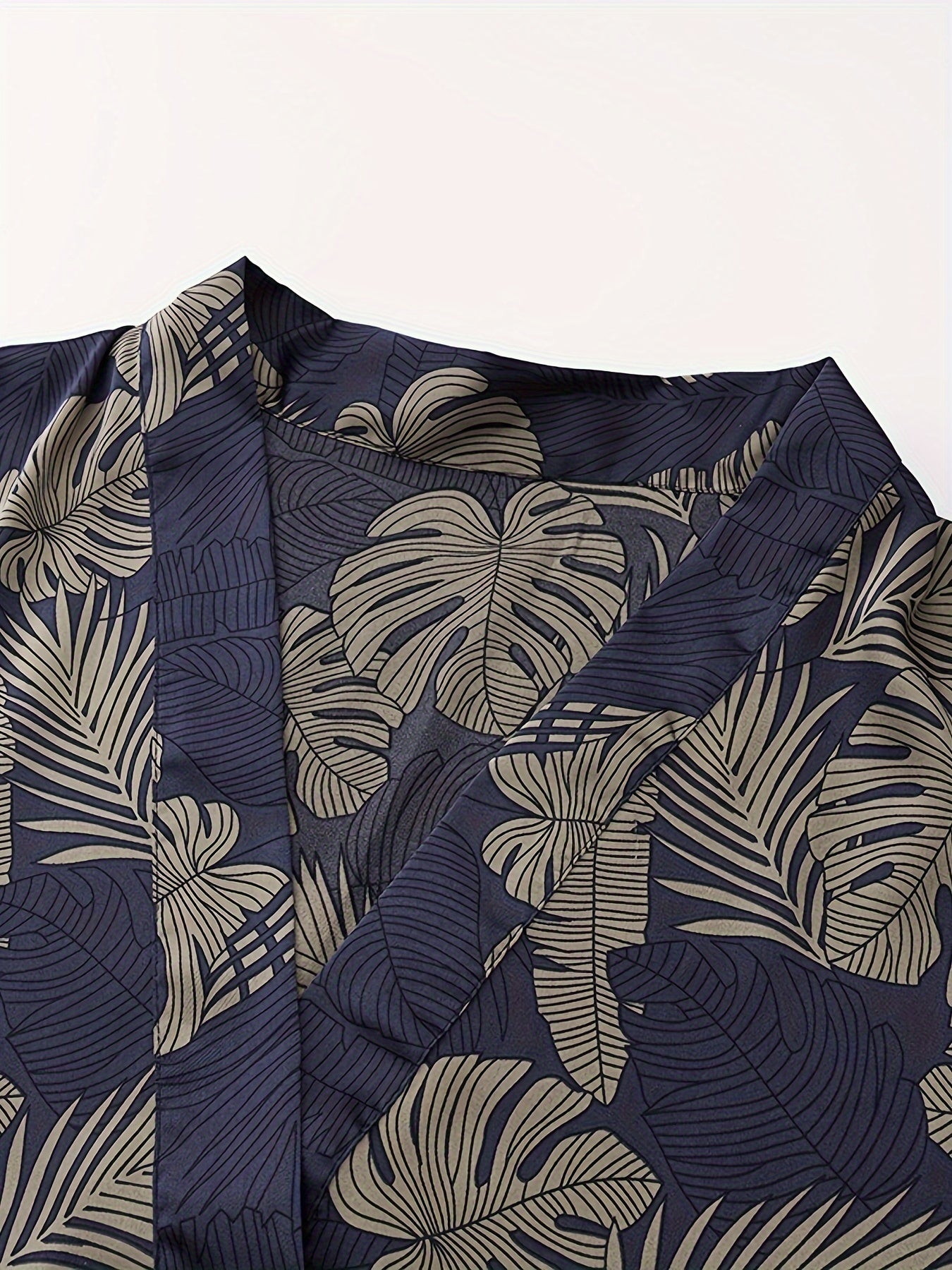 Men's trendy leaf print V-neck open front summer sleep robe, plus size, loose fit, comfortable and breathable.