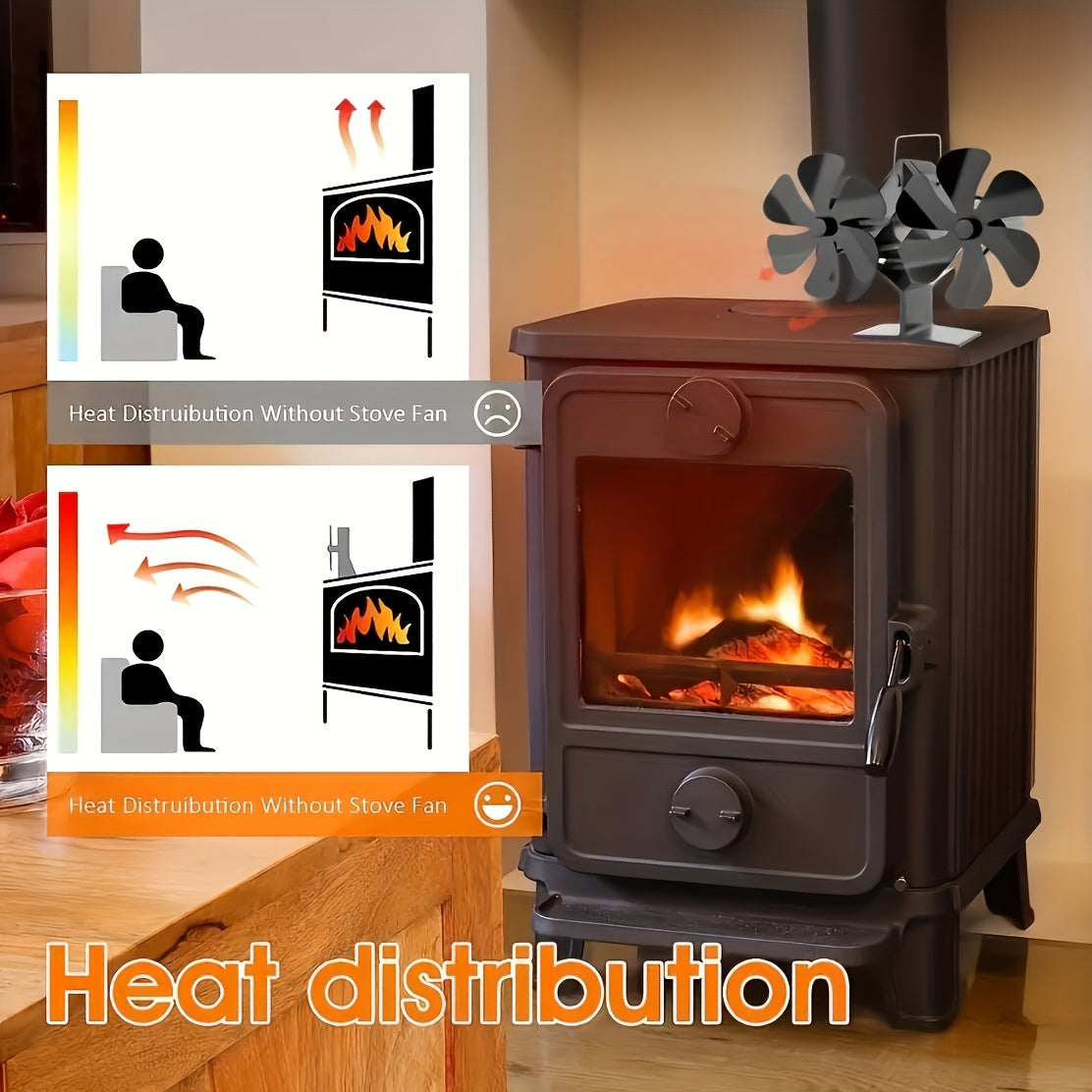 EFGHONG 4-Blade Heat Powered Stove Fan - Eco-Friendly, High Performance Heating Attachment for Wood & Pellet Stoves.