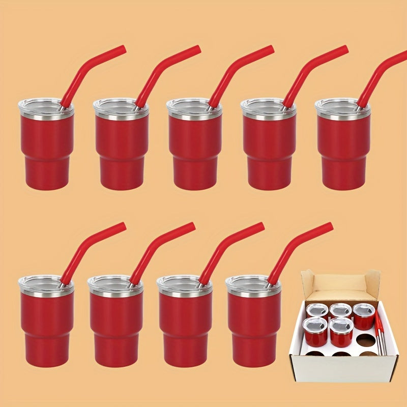 9 stainless steel shot cups with lids and straws, perfect for home or commercial use.