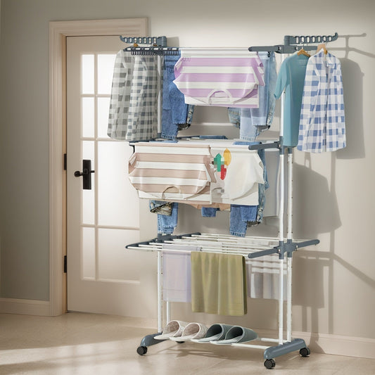 Expandable and foldable 3-tier metal clothes rack for indoor/outdoor use. Freestanding and space-saving design perfect for balcony storage and home laundry drying.