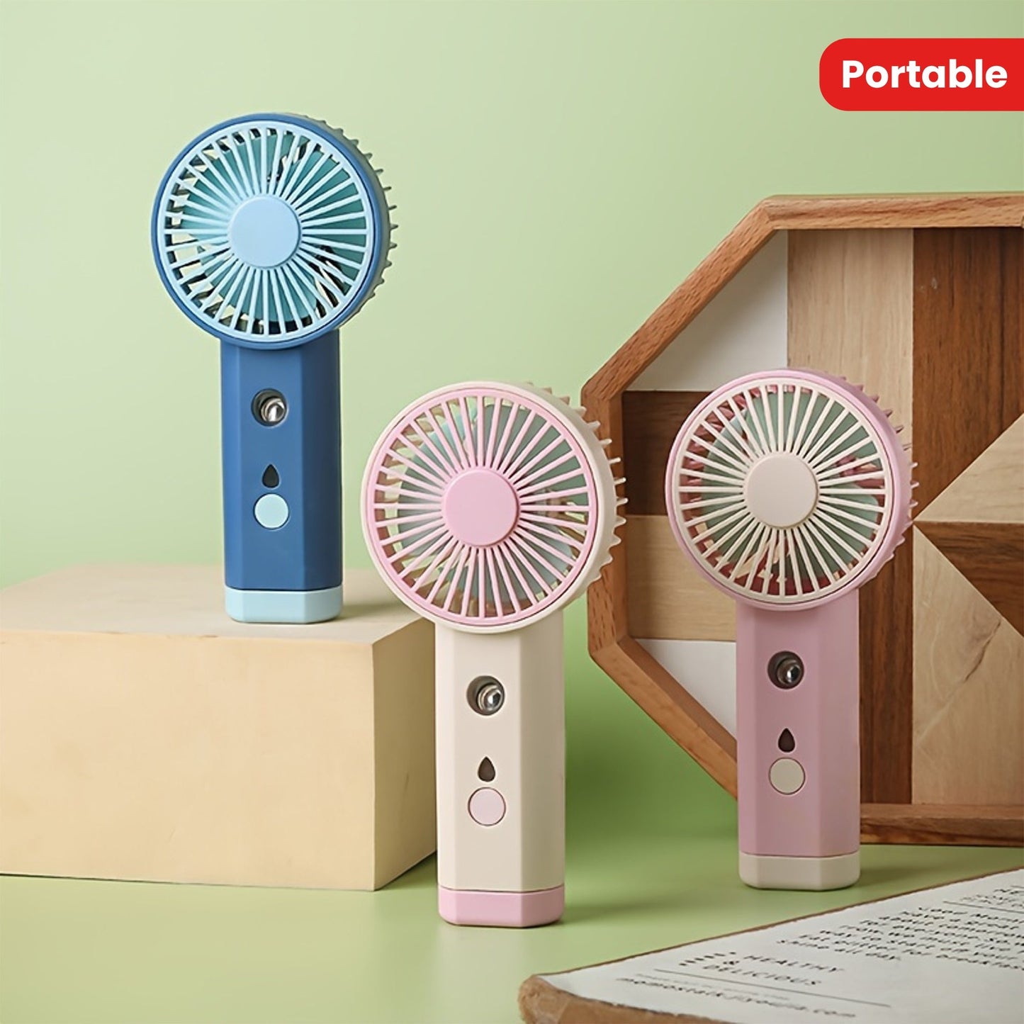 Portable Mini Handheld Fan with Mist Humidifier, Compact Size (14.22cm x 6.5cm x 3.51cm), Rechargeable Battery Power, Ideal for Travel and Desk Cooling