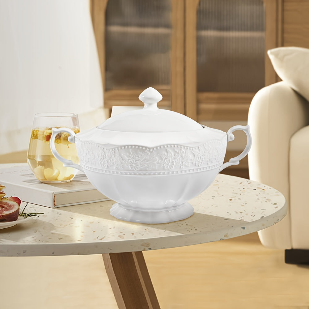 Beautiful White Ceramic Soup Tureen with Lid and Handle - Ideal for Use at Home, Restaurants, and Parties