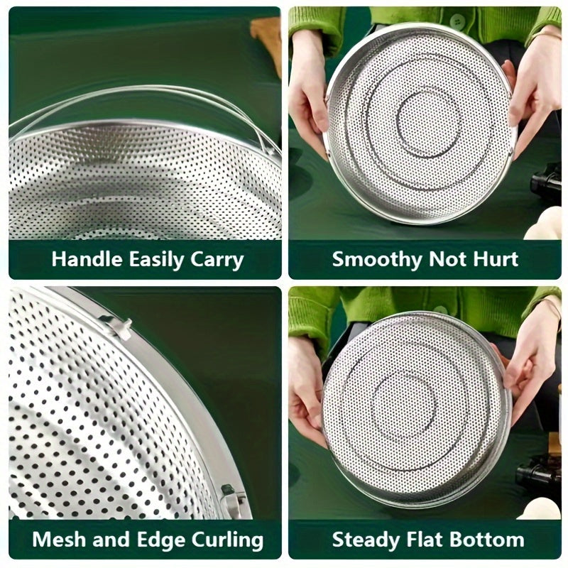 Stainless Steel Multi-Functional Drain Basket with Dense Holes for Washing Vegetables, Steaming, and Separating, Waterproof with Handle.