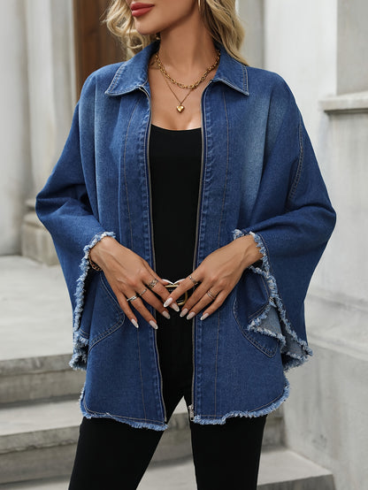 Elegant style batwing sleeve cape denim coat for plus size women, along with denim jeans and clothing.