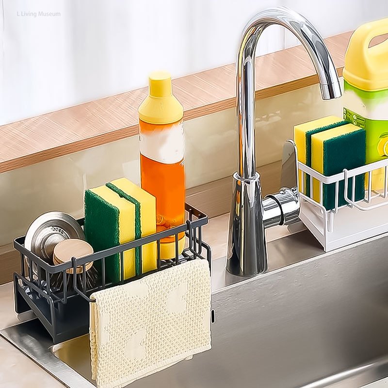 Multi-Function Plastic Sink Caddy Organizer - Convenient Storage Rack for Sponges, Soap, Brushes, Towels, Scrubbers - No-Drill Required - Perfect Bathroom and Kitchen Accessory Organizer